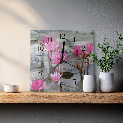Glass clock square Water lilies