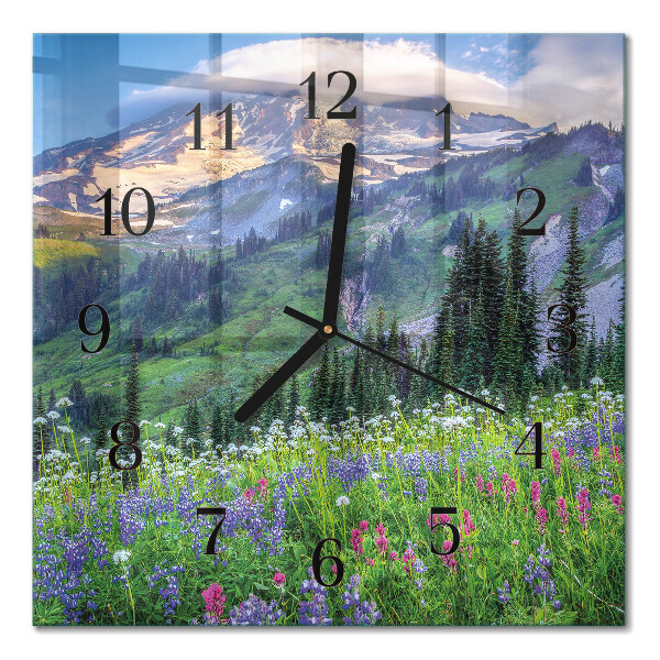 Glass wall clock square Meadow mountain