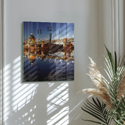 Glass wall clock square Bridge over the river