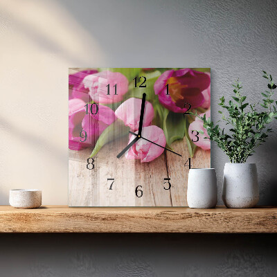 Glass wall clock square Tulips