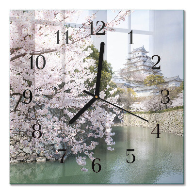 Glass wall clock square Cherry trees