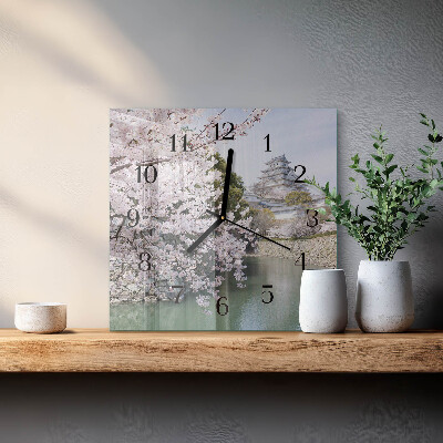Glass wall clock square Cherry trees