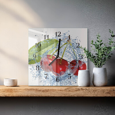 Glass clock square Cherries