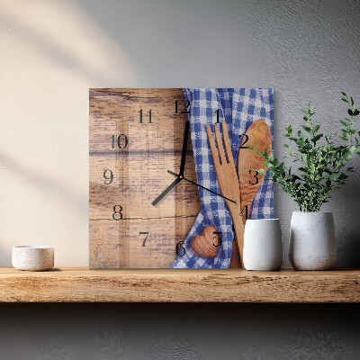 Glass clock square Wood and cutlery