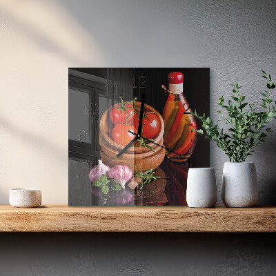 Glass wall clock square Tomatoes and garlic