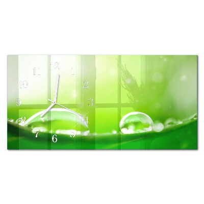 Rectangular glass clock horizontal Drops on a leaf