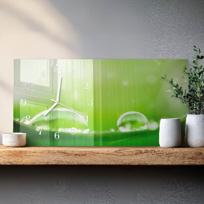 Rectangular glass clock horizontal Drops on a leaf