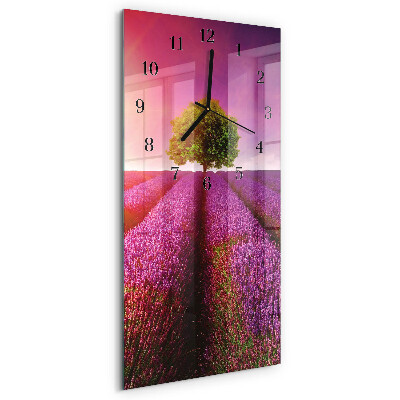 Glass wall clock vertical Lavender tree