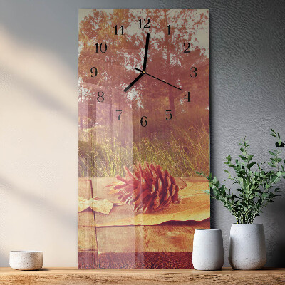Glass wall clock vertical Pine cones