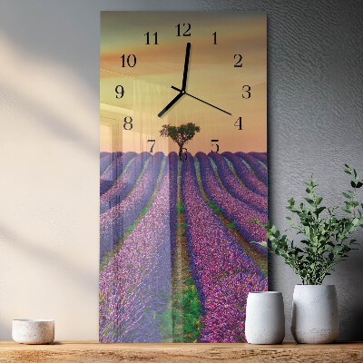 Glass wall clock vertical Lavender field