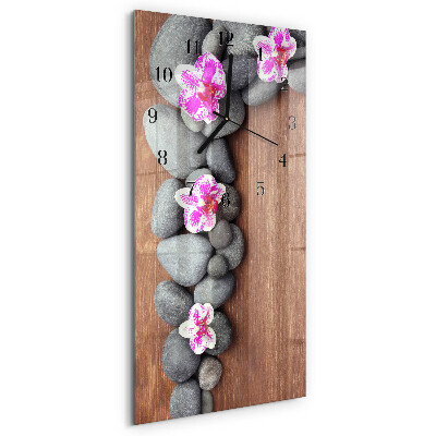 Glass wall clock vertical Orchid stones