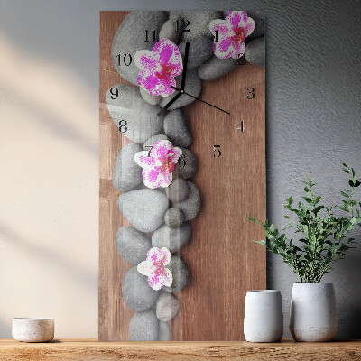 Glass wall clock vertical Orchid stones