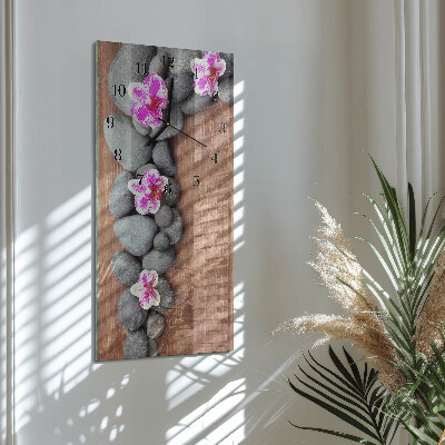 Glass wall clock vertical Orchid stones
