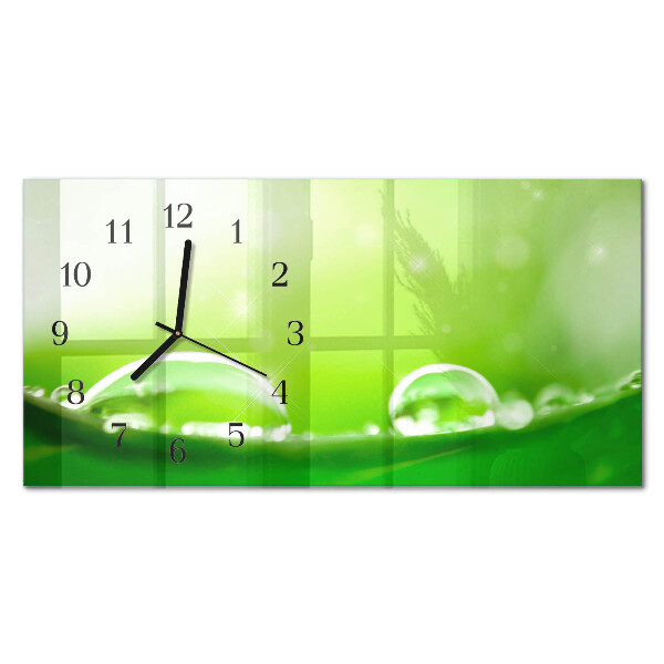 Horizontal wall clock Drops on a leaf