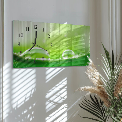 Horizontal wall clock Drops on a leaf