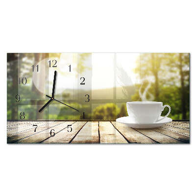 Rectangular glass clock horizontal A cup of coffee